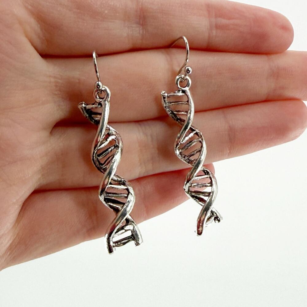 DNA Double Helix Dangle Earrings Silver Tone Science Biology Geek Jewelry